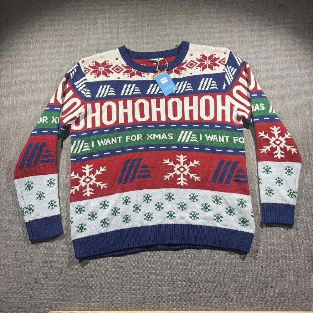 ALDI Gear Sweater Mens Large Multicolor HOHOHO Ugly Christmas Holiday Pullover